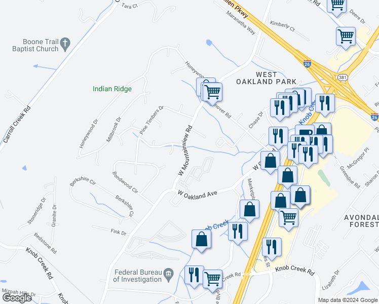 map of restaurants, bars, coffee shops, grocery stores, and more near 617 West Mountainview Road in Johnson City