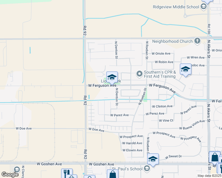 map of restaurants, bars, coffee shops, grocery stores, and more near 2231 North Denton Street in Visalia