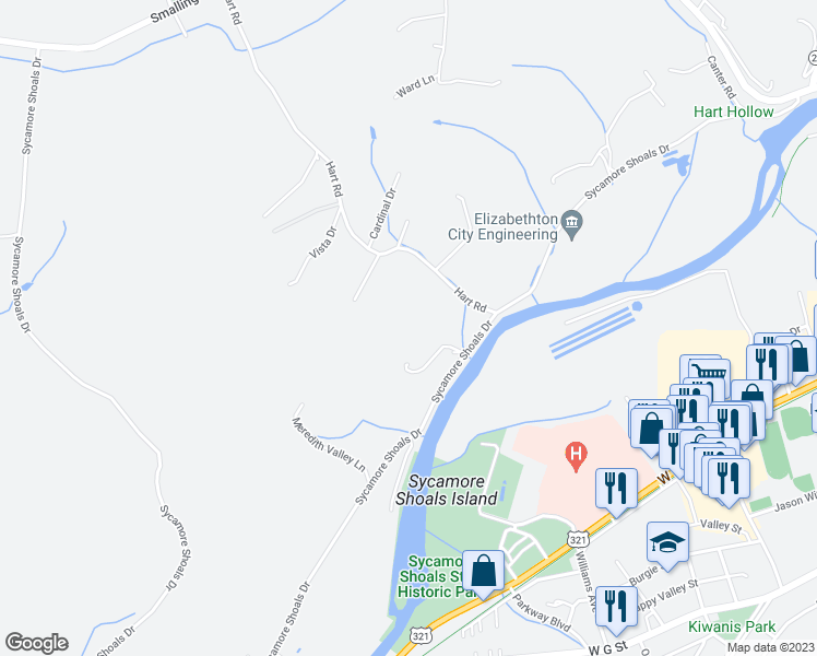 map of restaurants, bars, coffee shops, grocery stores, and more near 304 Sycamore Shoals Drive in Elizabethton