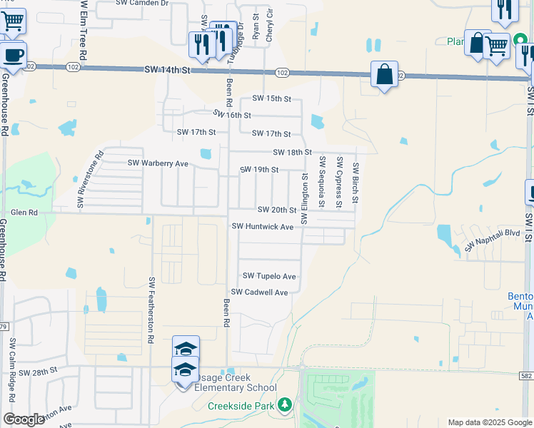 map of restaurants, bars, coffee shops, grocery stores, and more near 1915 Southwest Fremont Road in Bentonville