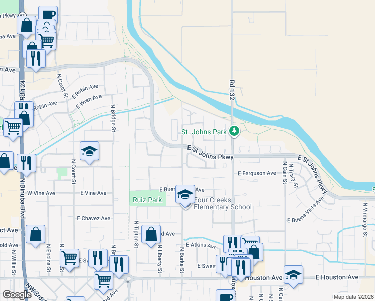 map of restaurants, bars, coffee shops, grocery stores, and more near 2328 North Burke Street in Visalia