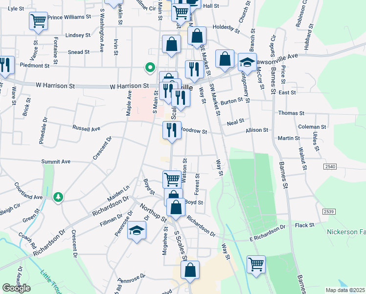 map of restaurants, bars, coffee shops, grocery stores, and more near 718 Watson Street in Reidsville