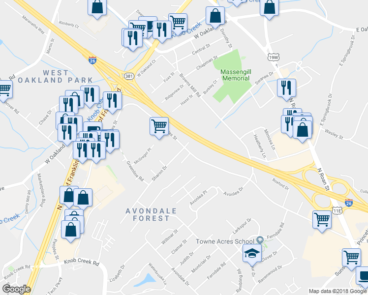 map of restaurants, bars, coffee shops, grocery stores, and more near 500 Sharon Drive in Johnson City
