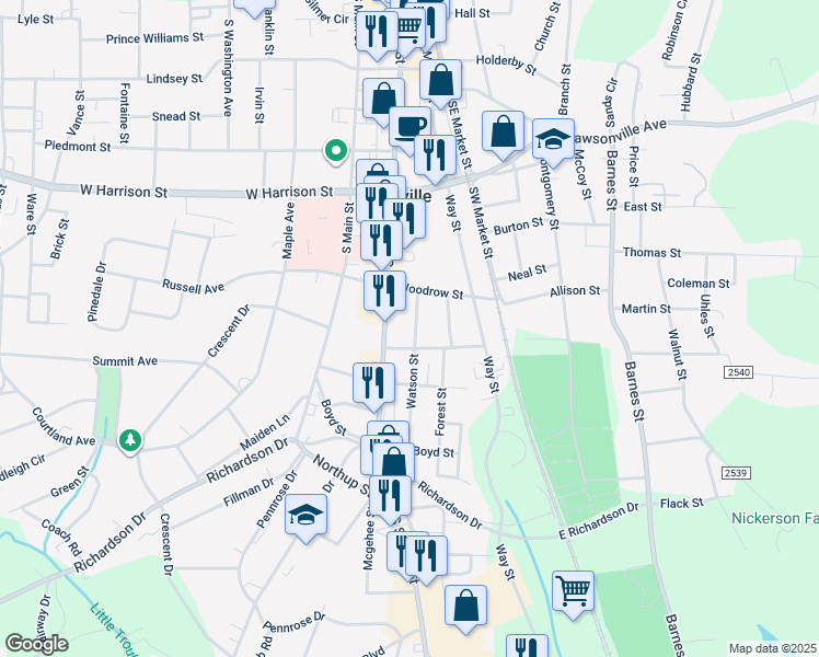 map of restaurants, bars, coffee shops, grocery stores, and more near 718 Watson Street in Reidsville