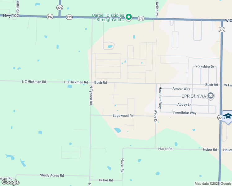 map of restaurants, bars, coffee shops, grocery stores, and more near 12965-12995 Bush Road in Bentonville