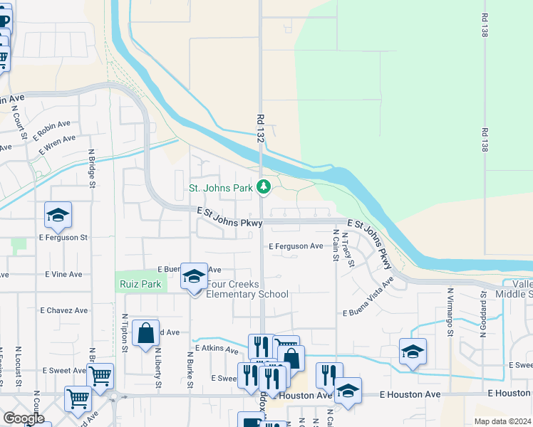 map of restaurants, bars, coffee shops, grocery stores, and more near 2323 North Sea Court in Visalia