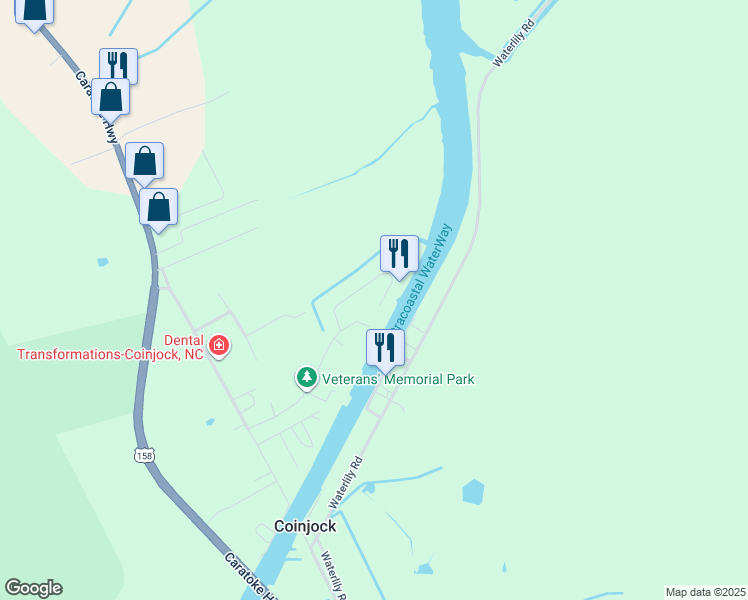 map of restaurants, bars, coffee shops, grocery stores, and more near 160 Coinjock Development Road in Coinjock