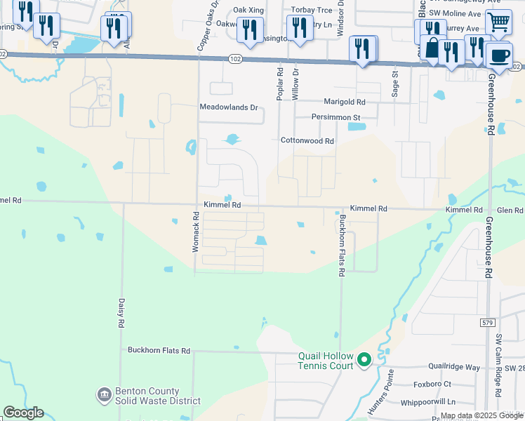 map of restaurants, bars, coffee shops, grocery stores, and more near 1121 Kimmel Road in Centerton