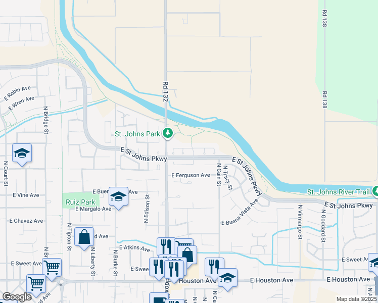 map of restaurants, bars, coffee shops, grocery stores, and more near 1434 East Sunnyview Avenue in Visalia