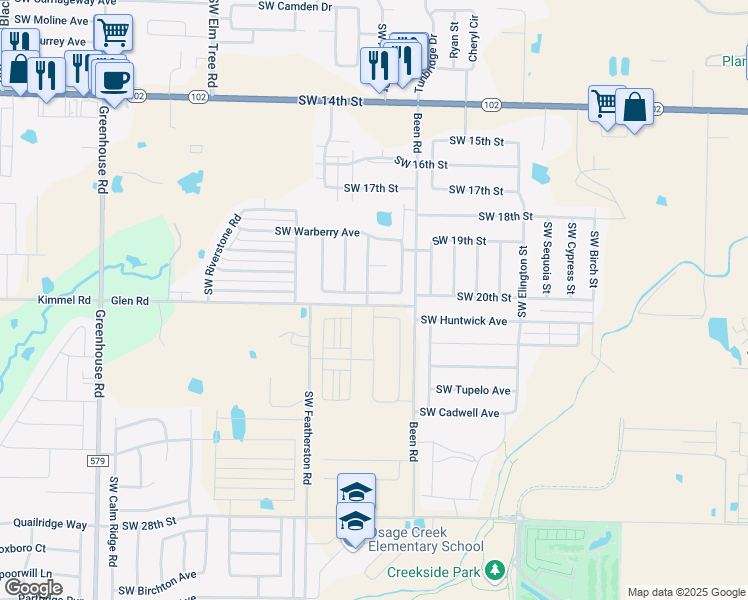 map of restaurants, bars, coffee shops, grocery stores, and more near 2709 Southwest Tanglewood Avenue in Bentonville