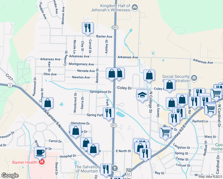 map of restaurants, bars, coffee shops, grocery stores, and more near 800 Arkansas 201 in Mountain Home