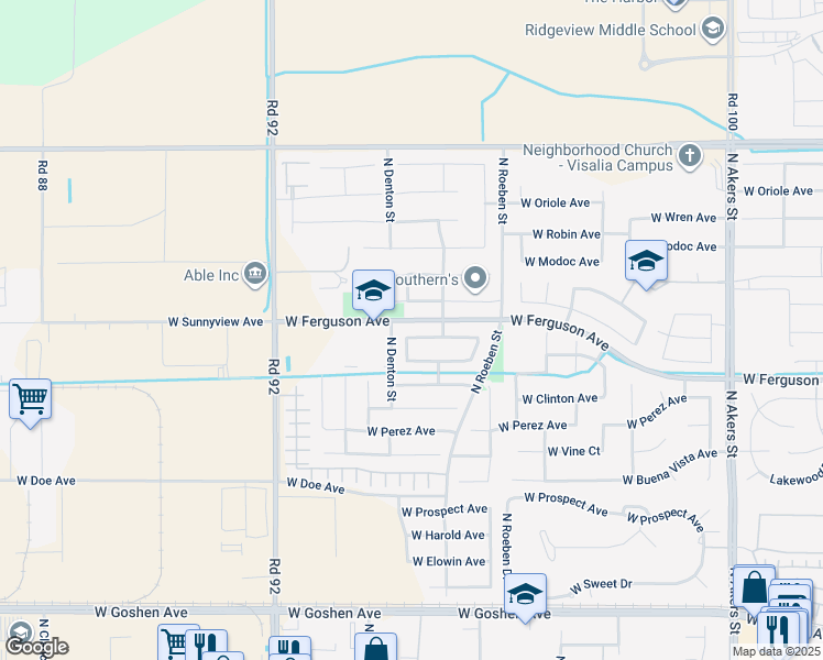 map of restaurants, bars, coffee shops, grocery stores, and more near 6348 West Thompson Avenue in Visalia