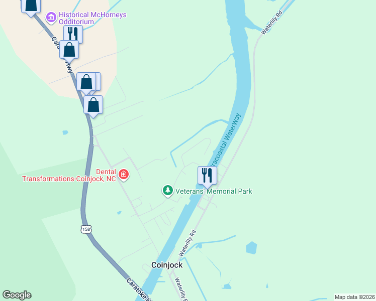 map of restaurants, bars, coffee shops, grocery stores, and more near 125 Coinjock Development Rd in Currituck