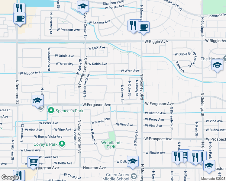 map of restaurants, bars, coffee shops, grocery stores, and more near 2320 North Zachary Street in Visalia