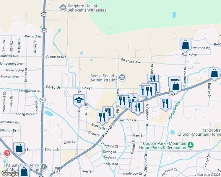 map of restaurants, bars, coffee shops, grocery stores, and more near 913-999 Coley Drive in Mountain Home