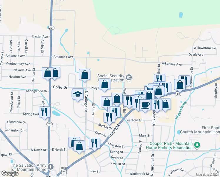 map of restaurants, bars, coffee shops, grocery stores, and more near 917 Coley Drive in Mountain Home
