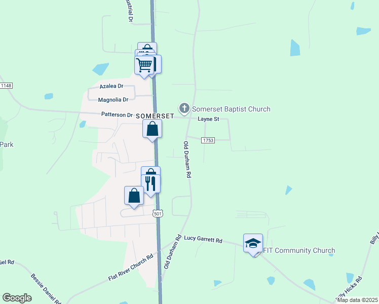 map of restaurants, bars, coffee shops, grocery stores, and more near 2015 Old Durham Road in Roxboro