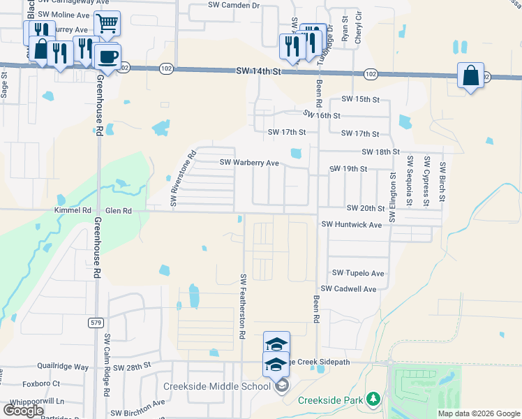 map of restaurants, bars, coffee shops, grocery stores, and more near 2901 Southwest Tanglewood Avenue in Bentonville