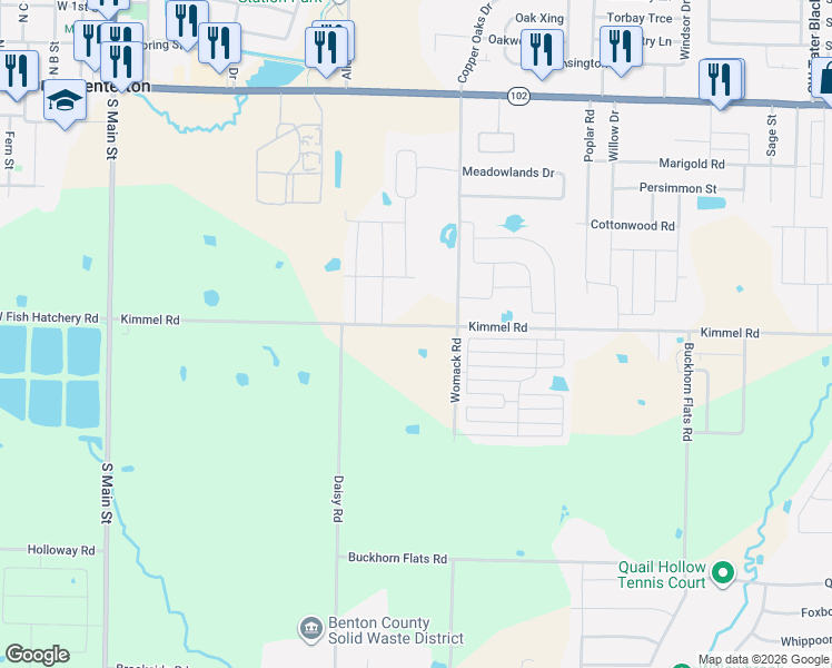map of restaurants, bars, coffee shops, grocery stores, and more near 799 Kimmel Road in Centerton
