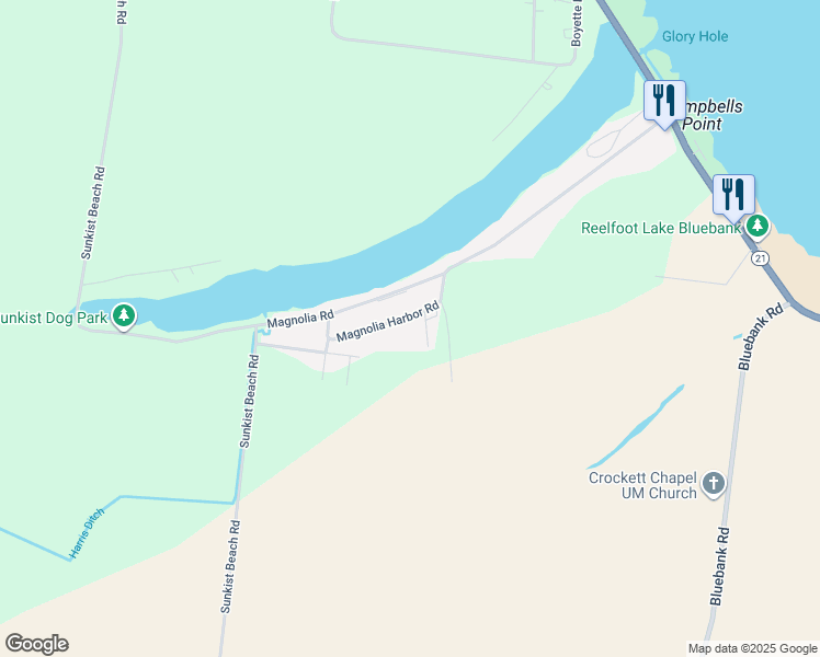 map of restaurants, bars, coffee shops, grocery stores, and more near 10 Magnolia Harbor Road in Tiptonville