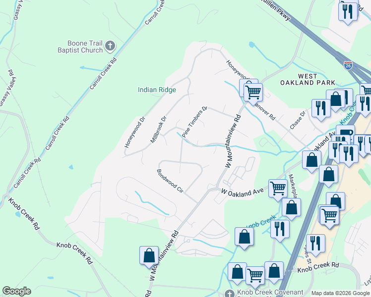 map of restaurants, bars, coffee shops, grocery stores, and more near 3503 Pine Timbers Drive in Johnson City