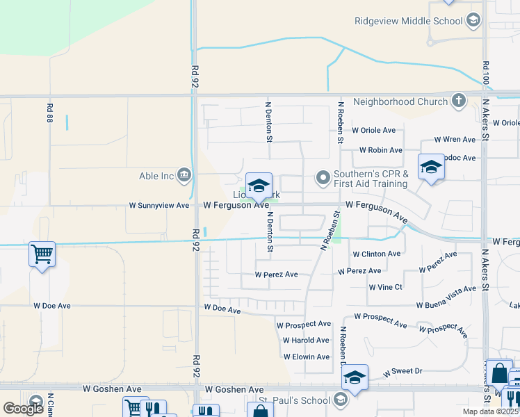 map of restaurants, bars, coffee shops, grocery stores, and more near 2231 North Denton Street in Visalia