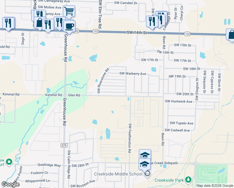 map of restaurants, bars, coffee shops, grocery stores, and more near 3115 Southwest Hillstone Avenue in Bentonville