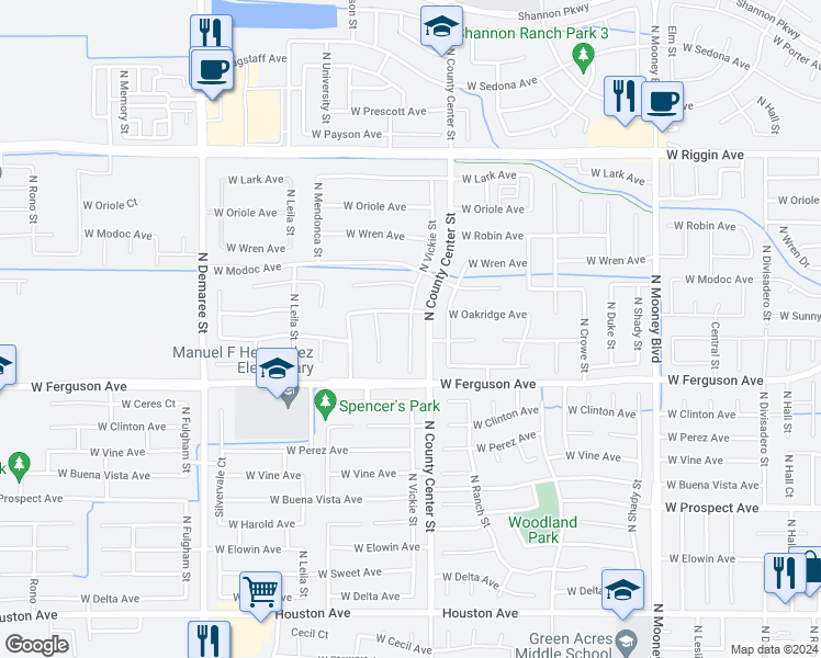 map of restaurants, bars, coffee shops, grocery stores, and more near 2328 North Vickie Court in Visalia