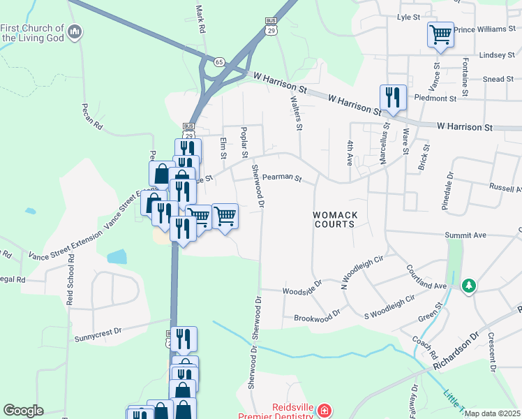 map of restaurants, bars, coffee shops, grocery stores, and more near 1600 Sherwood Drive in Reidsville