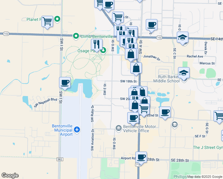 map of restaurants, bars, coffee shops, grocery stores, and more near 1808 Southwest D Street in Bentonville