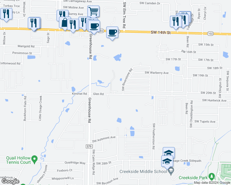 map of restaurants, bars, coffee shops, grocery stores, and more near 2100 Southwest Riverstone Road in Bentonville