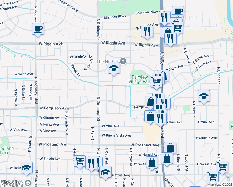 map of restaurants, bars, coffee shops, grocery stores, and more near 2343 North Turner Court in Visalia