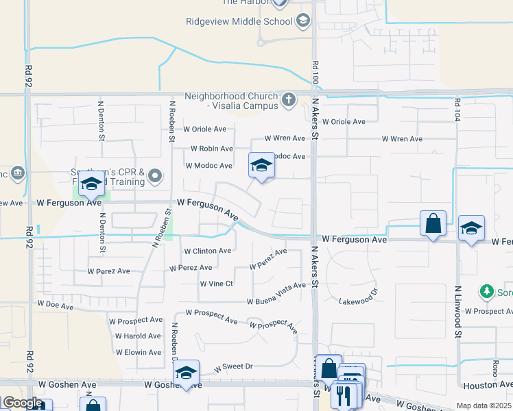map of restaurants, bars, coffee shops, grocery stores, and more near 5611 West Sunnyview Avenue in Visalia