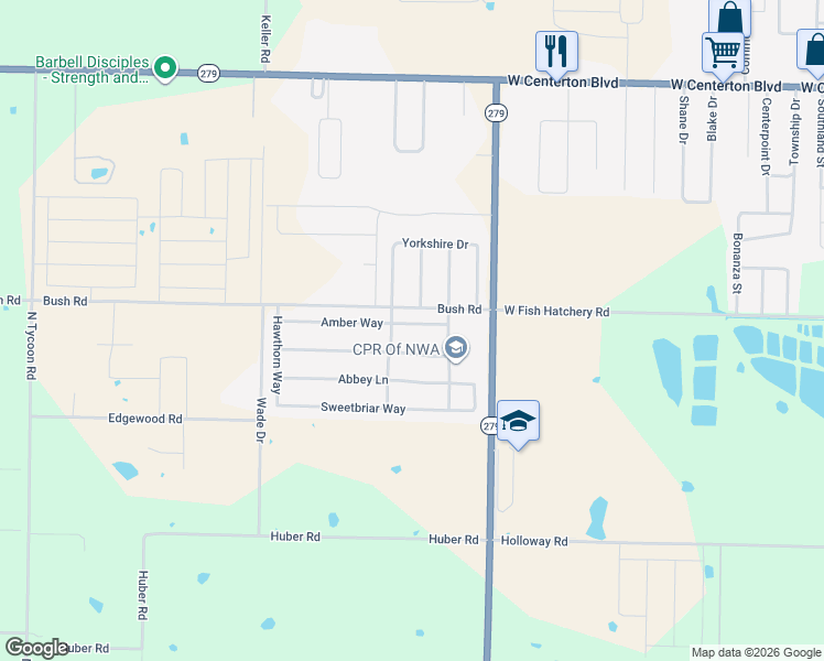 map of restaurants, bars, coffee shops, grocery stores, and more near 1441 Amber Way in Centerton