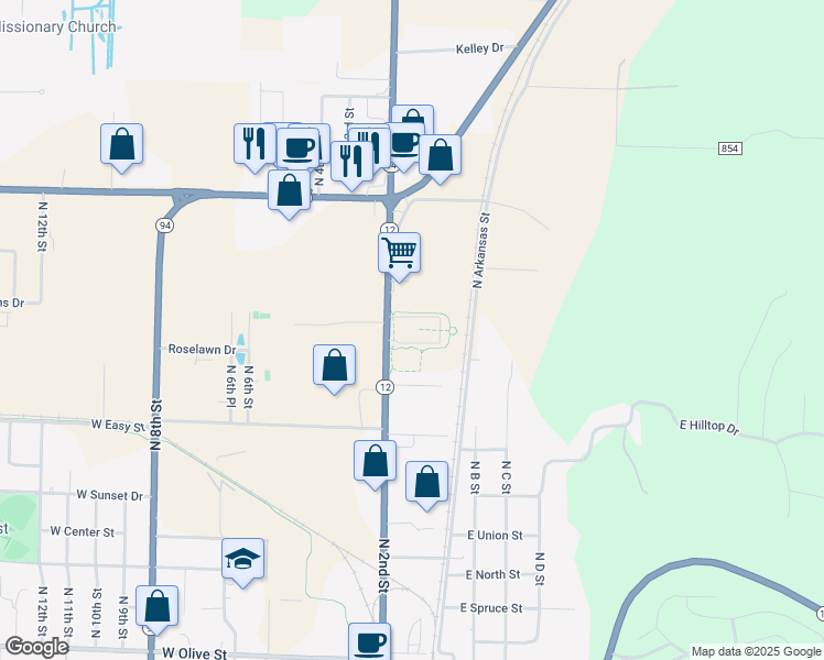 map of restaurants, bars, coffee shops, grocery stores, and more near 1805 North 2nd Street in Rogers