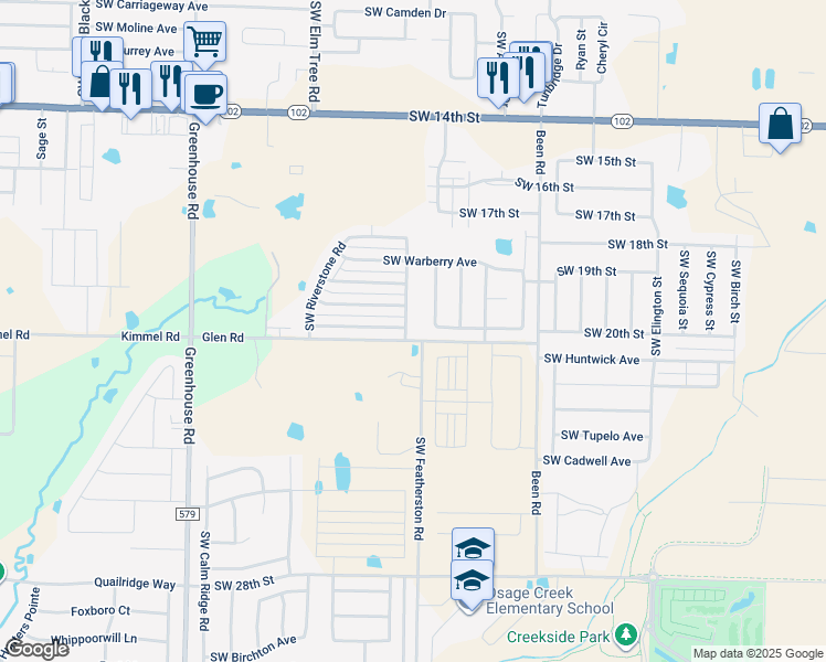 map of restaurants, bars, coffee shops, grocery stores, and more near 2103 Southwest Stonegrove Road in Bentonville