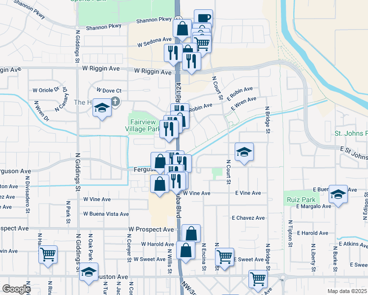 map of restaurants, bars, coffee shops, grocery stores, and more near 2350-2398 N Dinuba Blvd in Visalia