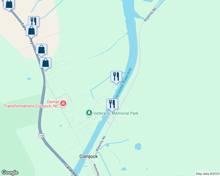 map of restaurants, bars, coffee shops, grocery stores, and more near 160 Coinjock Development Road in Coinjock