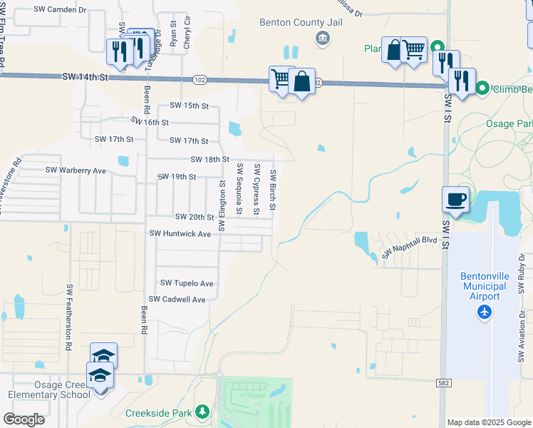 map of restaurants, bars, coffee shops, grocery stores, and more near 1914 Southwest Birch Street in Bentonville