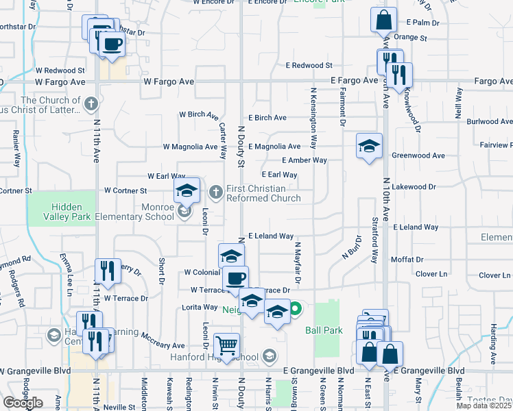 map of restaurants, bars, coffee shops, grocery stores, and more near 201 East Cortner Street in Hanford