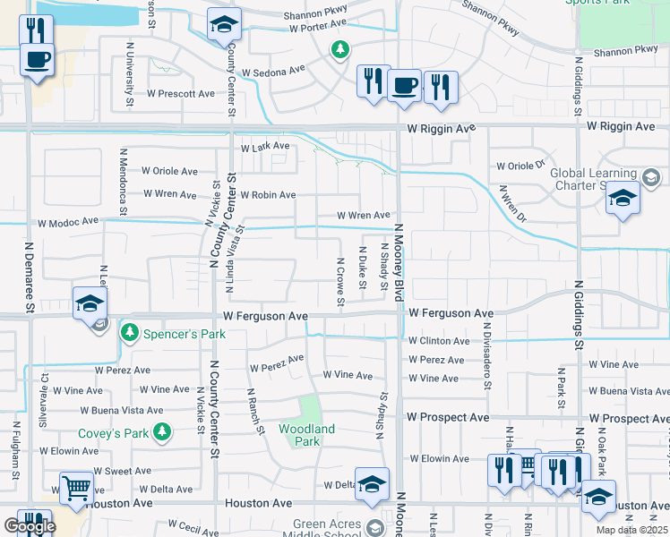 map of restaurants, bars, coffee shops, grocery stores, and more near 2329 North Crowe Street in Visalia