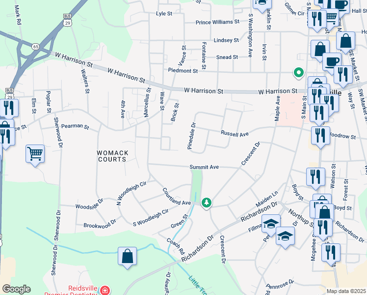 map of restaurants, bars, coffee shops, grocery stores, and more near 319 Pinedale Drive in Reidsville