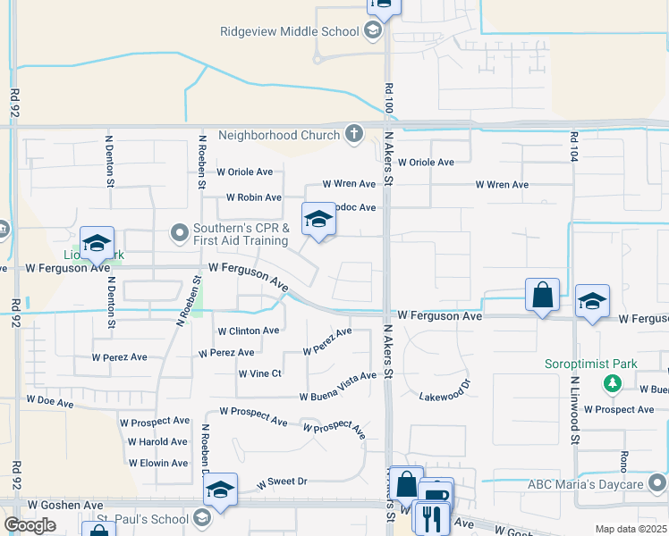 map of restaurants, bars, coffee shops, grocery stores, and more near 2409 North Teddy in Visalia