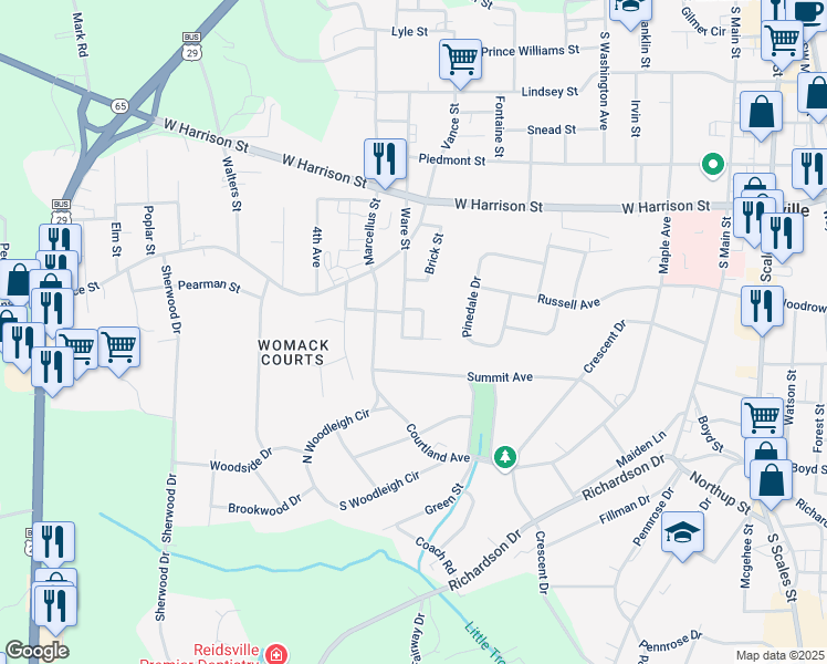 map of restaurants, bars, coffee shops, grocery stores, and more near 708 Melrose Street in Reidsville