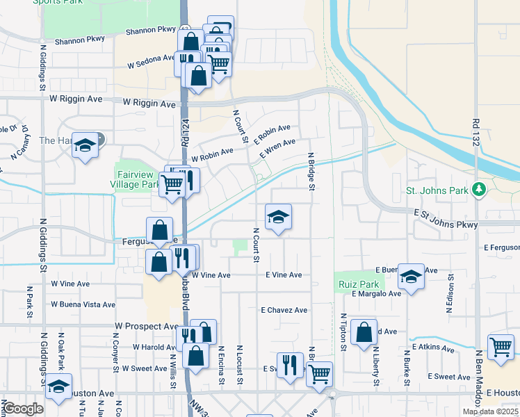 map of restaurants, bars, coffee shops, grocery stores, and more near 109 East Sunnyview Avenue in Visalia