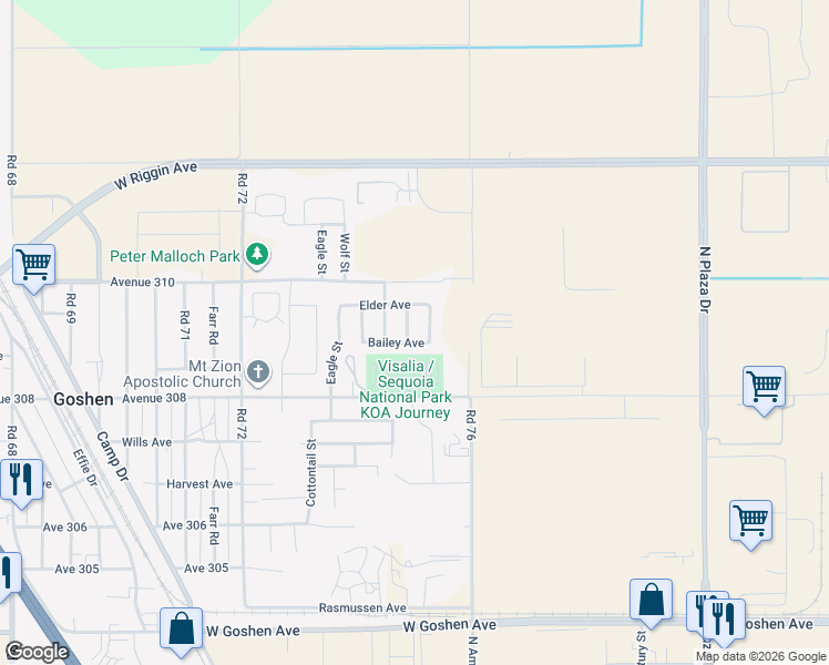 map of restaurants, bars, coffee shops, grocery stores, and more near 30930 Eagle Street in Goshen