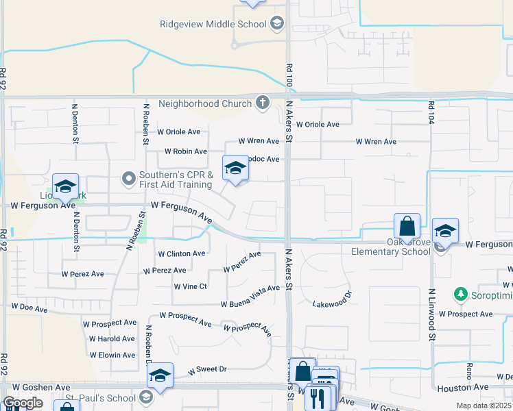 map of restaurants, bars, coffee shops, grocery stores, and more near 5441 Oakridge Avenue in Visalia