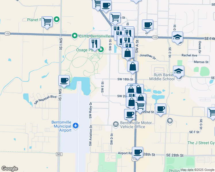map of restaurants, bars, coffee shops, grocery stores, and more near 1808 Southwest D Street in Bentonville