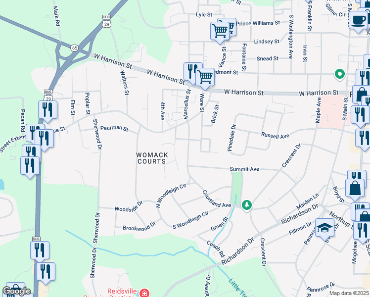 map of restaurants, bars, coffee shops, grocery stores, and more near 1715 Courtland Avenue in Reidsville