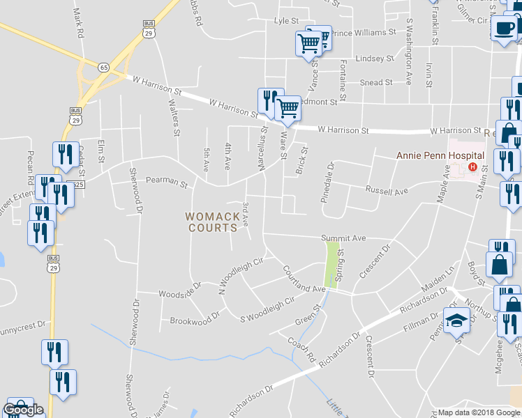 map of restaurants, bars, coffee shops, grocery stores, and more near 1715 Courtland Avenue in Reidsville